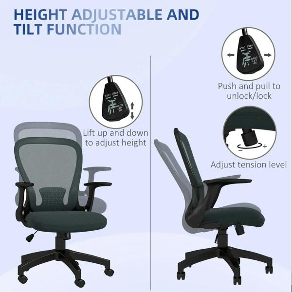 Grey ergonomic office chair with mesh back, padded seat, and height/tilt controls