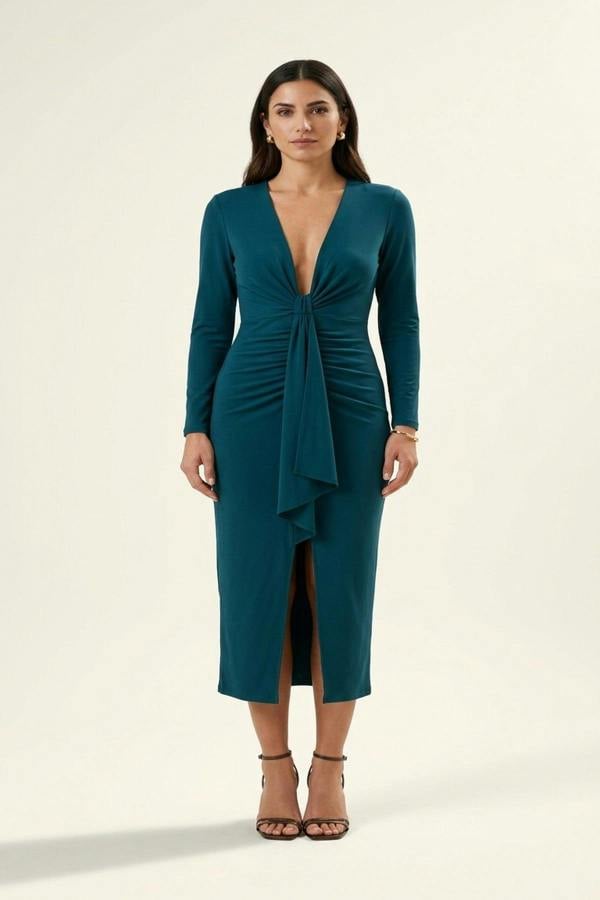 Julia V Neck Ruched Front Slit Midi Dress - Ottanio