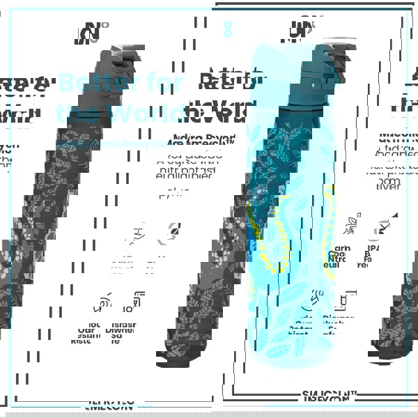 A teal water bottle, featuring a leaf and creature design, sits against a white background. It’s made from Recyclon™, a plant-based polymer, and is BPA-free, odour resistant, and dishwasher safe.