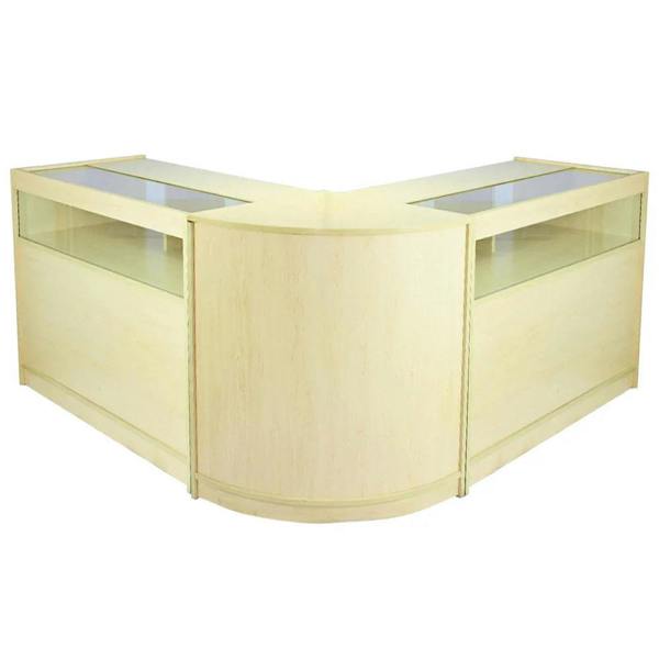 Fusion Maple Shop Counter & Retail Display Set featuring a sleek, light maple finish, curved design, and glass display tops for showcasing products