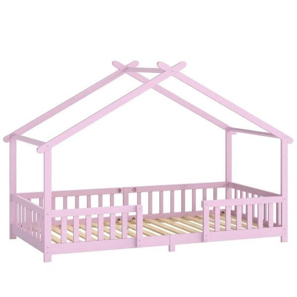 Wooden Kids House Single Bed Frame, Solid Pine Wood Toddler Bed with Dual Guardrails for Children, Boys, Girls, Pink