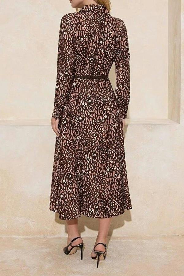 WOVCOR Animal Print Belted Midi Woven Shirt Dress