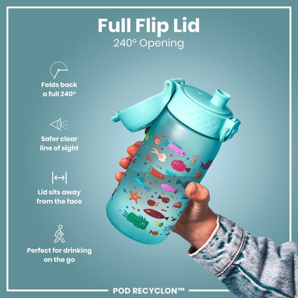 A teal water bottle, featuring a 240° flip lid and a colorful sea creature design, is held; the bottle is designed for convenient, on-the-go drinking. Full Flip Lid 240° Opening. POD RECYCLON™.