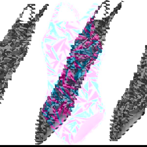 Pink and teal Speedo Hyperboom Allover Medalist swimsuit with black trim