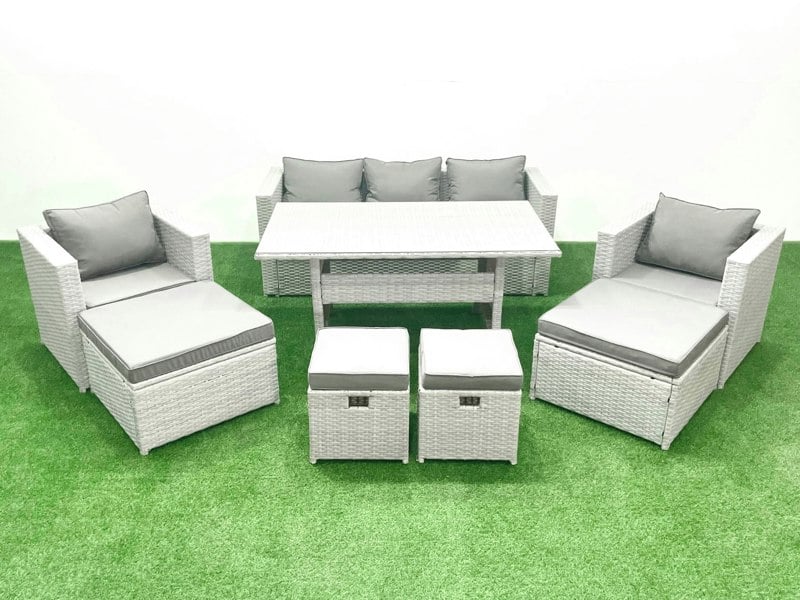 Fimous Rattan Garden Furniture Set Outdoor 9 Seater Patio Dining Sets with Glass Top Dining Table Light Grey Mixed