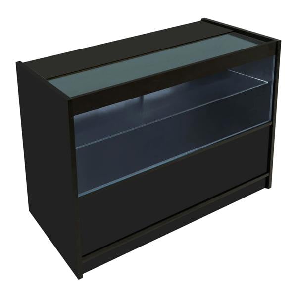 Black Eclipse LED shop counter set featuring sleek design, glass display top, and spacious storage compartments for organized retail use