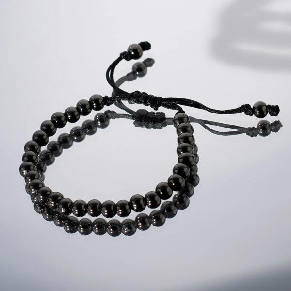 Gunmetal Black Bracelet for Women with Metal Beads on Adjustable Black Cord - namana.london