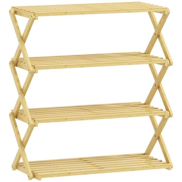Natural bamboo folding shoe rack with four slatted tiers and cross-brace frame
