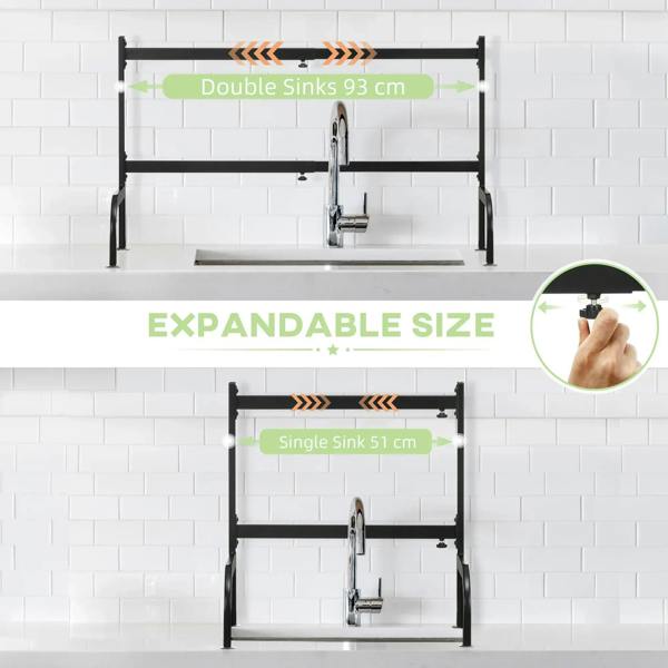 Expandable black over-sink dish rack for single or double sink setup