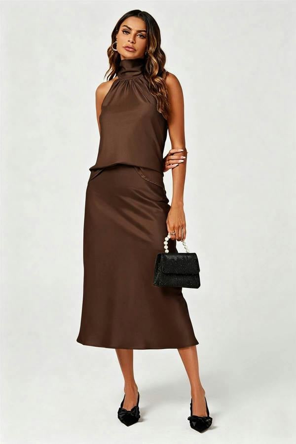 FS Collection Satin Halter Neck Tie Back Top In Brown