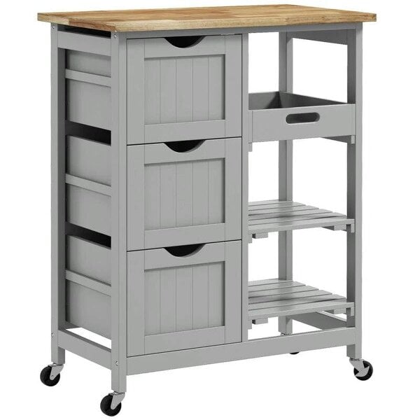 Rolling Kitchen Island Cart, Bar Serving Cart, Compact Trolley on Wheels with Wood Top, Shelves & Drawers, Grey