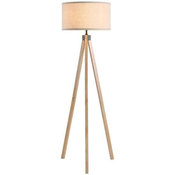 Beige fabric floor lamp shade with light wood tripod legs and central black socket