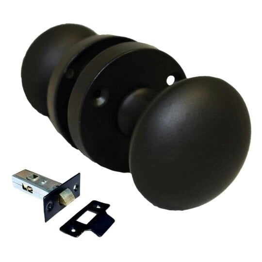 EDH Door Hardware Matt Black Round Door Knob Set Including Tubular Latch - Victorian Style Sprung Internal & External Door Knobs