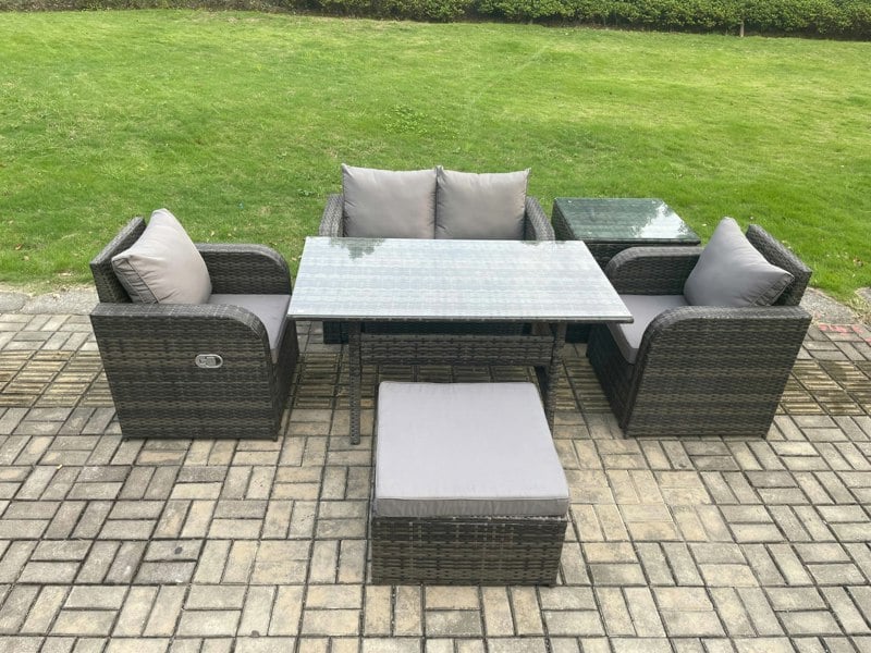 Fimous Outdoor Rattan Garden Furniture Lounge Sofa Set With Oblong Rectangular Dining Table 2 PC Reclining Chair Side Table Big Footstool