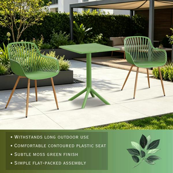 Core Products 3 Piece Bistro Garden Set, Pair Of Sunray Armchairs & Square Plastic Table, Moss Green With Wood Effect Legs