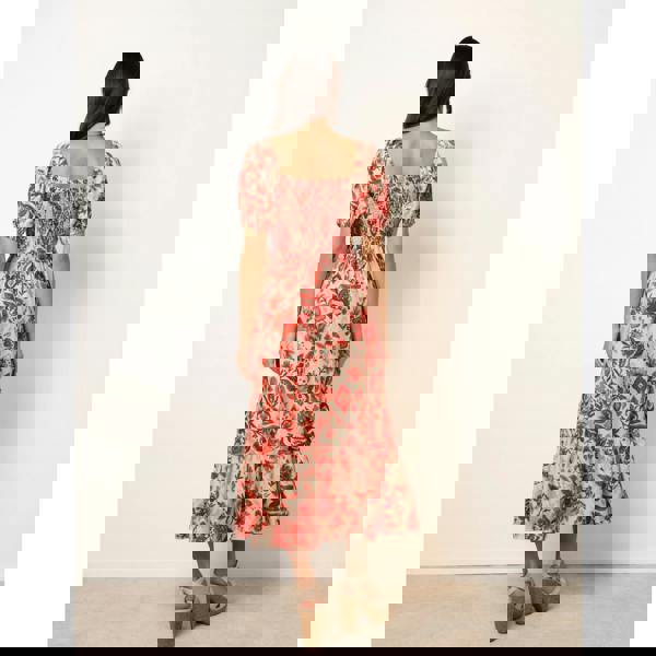 Blue Vanilla Watercolour Floral Shirred Puff Sleeve Midi Dress