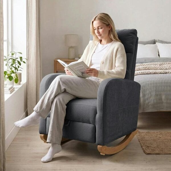 Upholstered Rocking Chair Retractable Footrest Rocker Chair High Back for Living Room Grey
