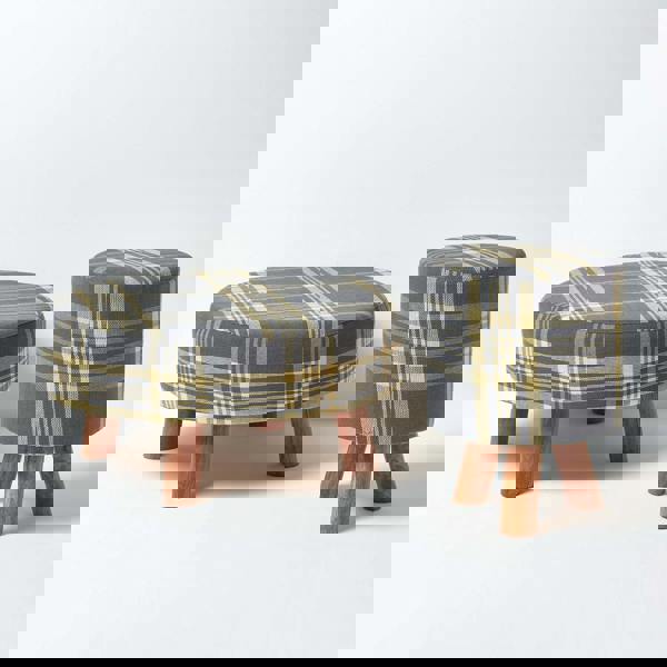 HOMESCAPES Grey and Yellow Tartan Fabric Flat Circular Stool with Wooden Legs