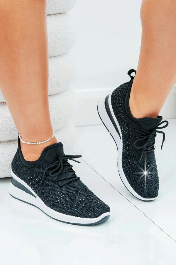 Love Lemonade Crystal Stretch Comfort Wedge Trainers Black