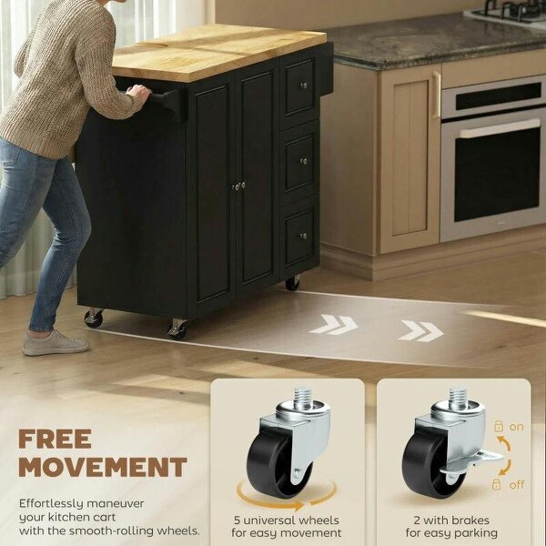Kitchen Island on Wheels, Rolling Kitchen Storage Trolley with Drop Leaf, Drawers, Towel and Spice Rack, Black