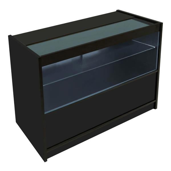 Gravity LED shop counter set in black featuring a sleek design, glass display top, and spacious storage compartments for retail use