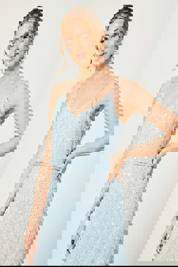 Scatter Embellished Sequin Maxi Dress in Silver Blue - ANGELEYE