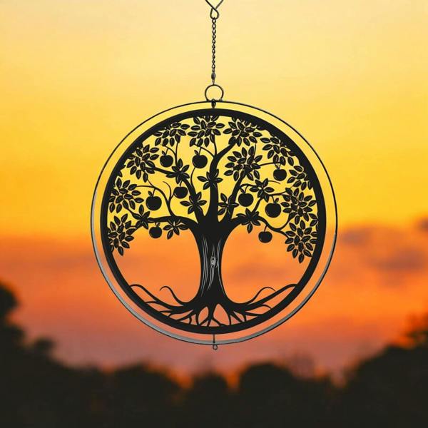 EDH Door Hardware Black Metal Apple Tree Hanging Silhouette Orbit Spinner – 39cm x 23cm | Wind Spinner for Garden, Patio & Home Décor