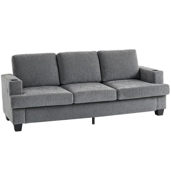 Grey 3-seater fabric sofa with wide armrests and three seat cushions