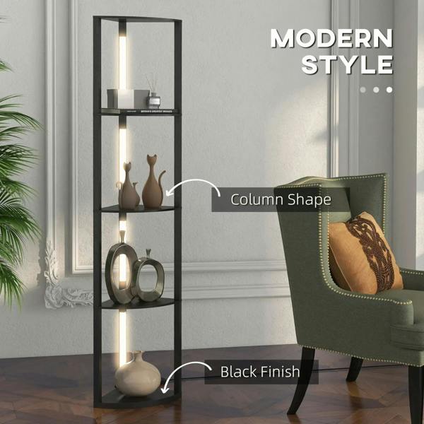Black column-style floor lamp with tall frame and warm LED glow on three shelves
