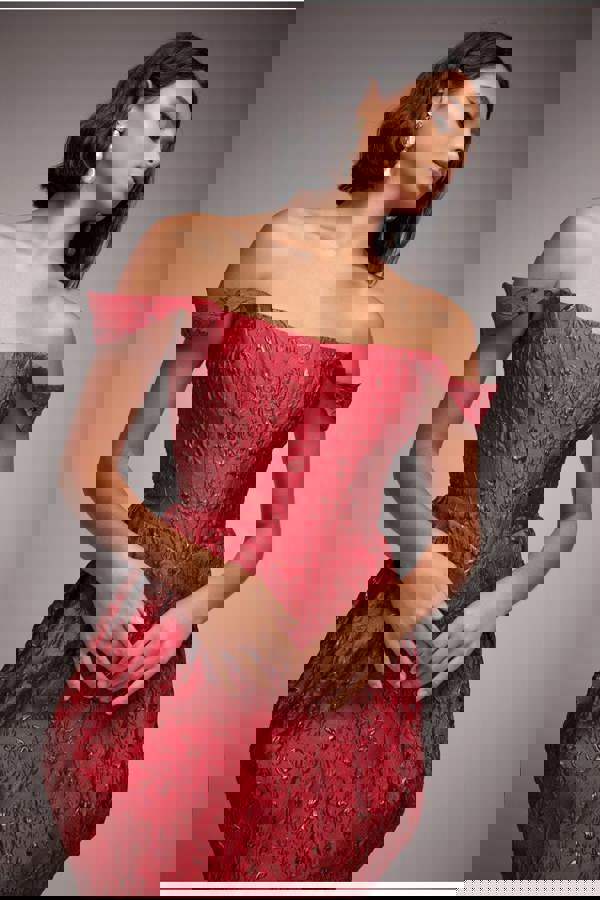 Corset Balloon Skirt Lace Up Back Mini Dress - Red DR4778