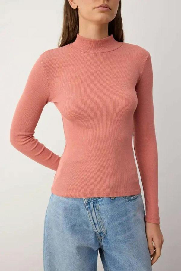 WOVCOR Fitted Stand Collar Long Sleeve Ribbed Knit Blouse