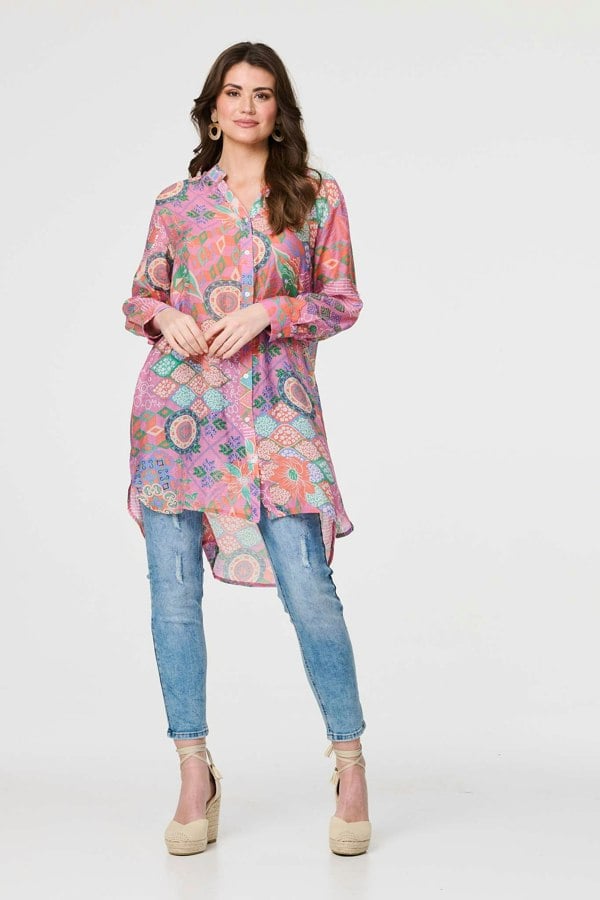 Pink | Printed Semi Sheer Longline Blouse