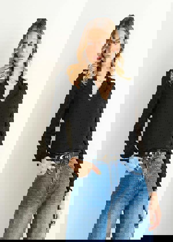 Gini London Black Dobby Chiffon Frill Neck Blouse