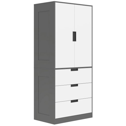 Wyld Haus Corario Wooden Grey and White 2 Door Wardrobe With 3 Drawers And Hanging Rod