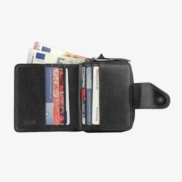 Black wallet with cards and money on a white background