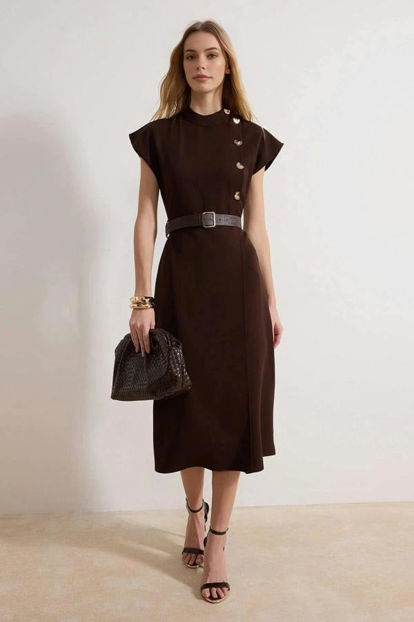 WOVCOR Belted Plain Midi Woven Dress