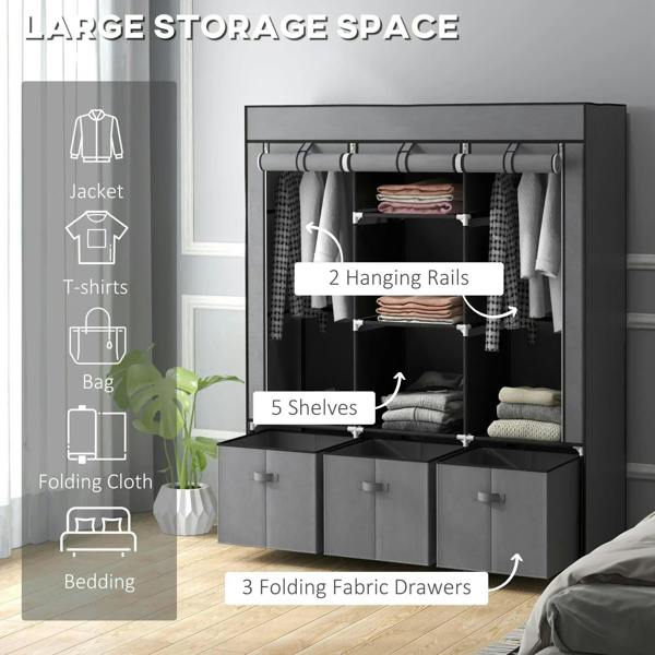 Dark grey portable closet with two hanging rails, five shelves, and three drawers