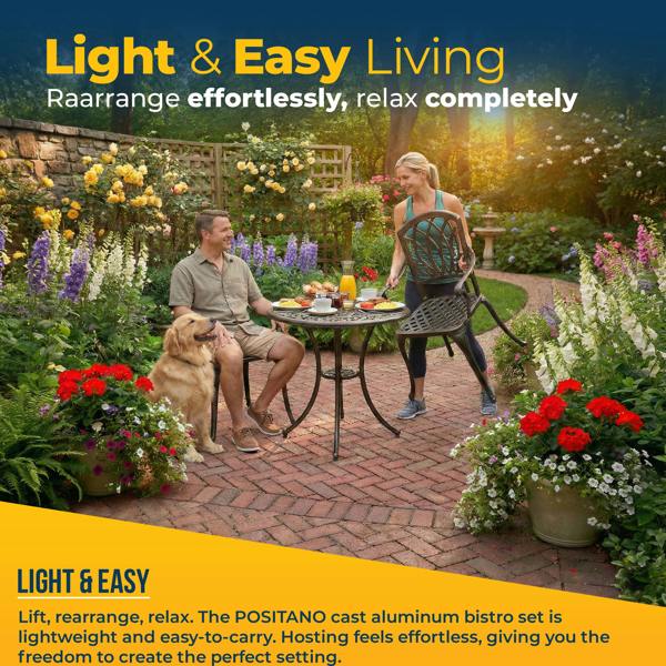 Homeology POSITANO Garden and Patio Table and 2 Large Chairs with Armrests Cast Aluminium Bistro Set - Black