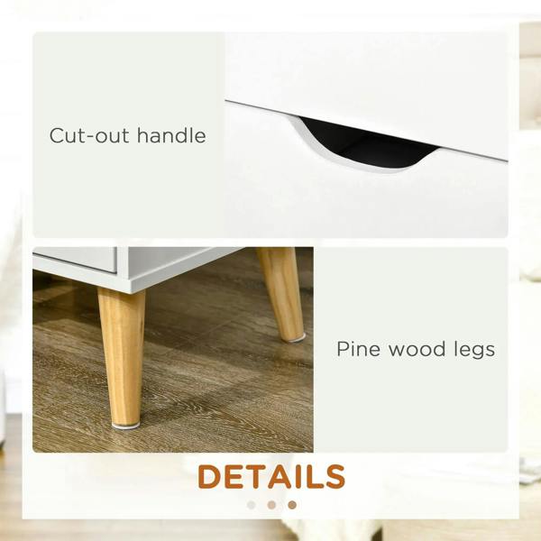 White drawer cabinet with cut-out handle detail and visible pine wood legs