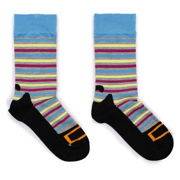 Crew socks with blue striped cuff and black foot, orange detail at side