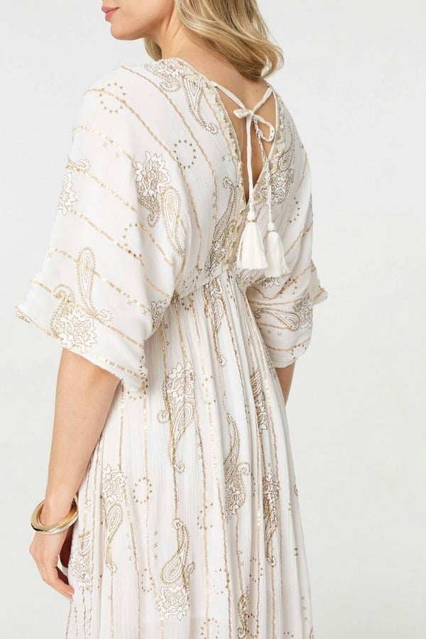 White | Embellished Kimono Sleeve Maxi Dress
