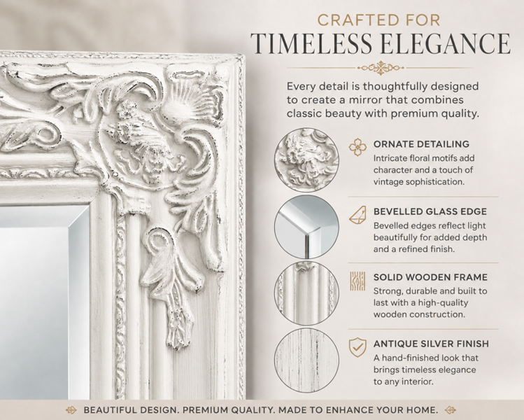 Downton Interiors Antique White Tall Ornate Dressing Wall Mirror with Bevelled Glass 142cm