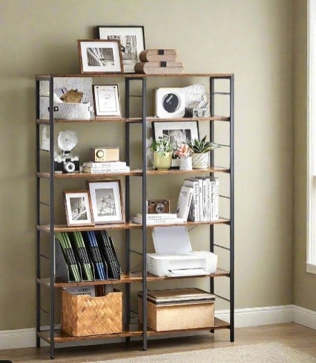 Modcraft 6-Tier Industrial Bookshelf with Steel Frame – Rustic Brown & Ink Black Tall Storage Shelf, 120 cm Wide