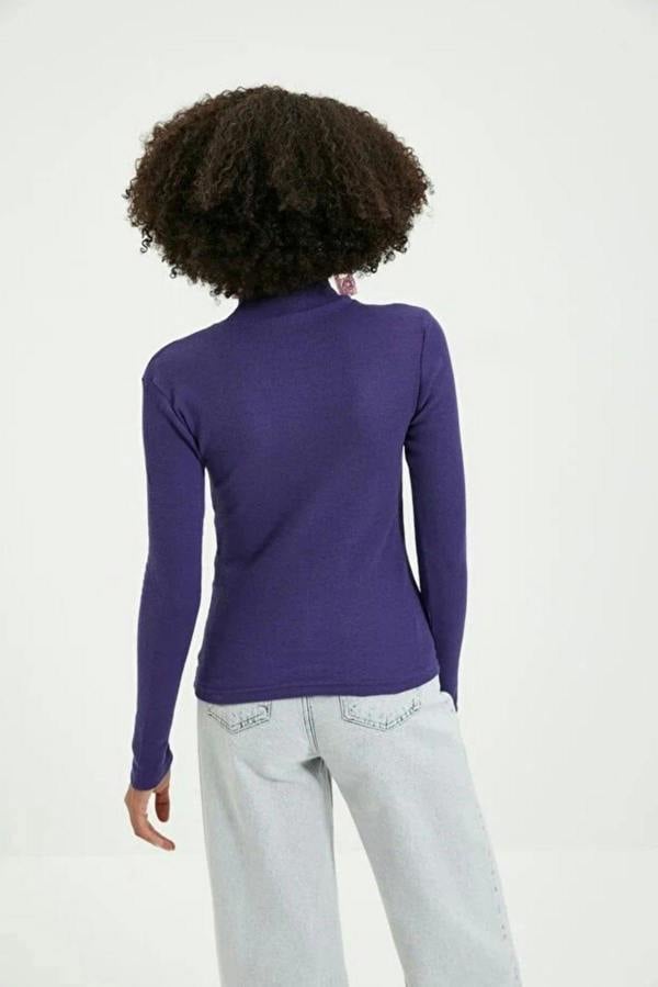 WOVCOR Fitted Stand Collar Long Sleeve Ribbed Knit Blouse
