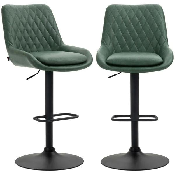 Set of 2 green upholstered bar stools with diamond-tufted back and round black base