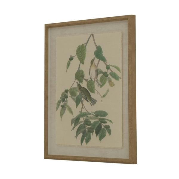 Hill Interiors Flora & Fauna Collection Warblers Beaded Linen Framed Wall Art - Brown/White/Green - 