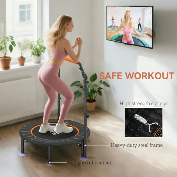 Mini fitness trampoline with orange foam handle and non-slip feet; safe spring workout