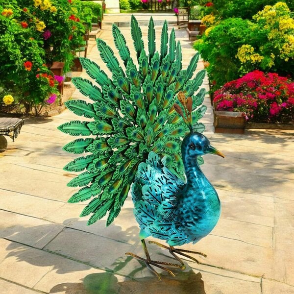 EDH Door Hardware Vibrant Emerald Peacock (48cm x 43cm x 21cm) – Handcrafted Decorative Peacock Garden Ornament Farmyard Statue