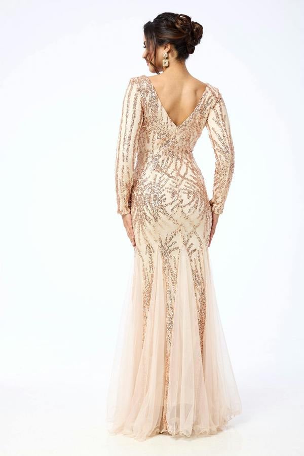 LuvForever Aya - Gold Long Sleeve Sequin Maxi Dress