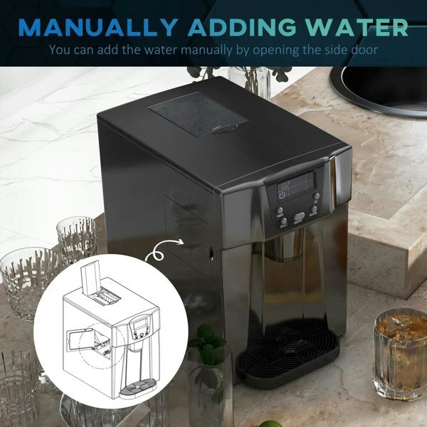 Black ice maker machine with side water door and front control buttons